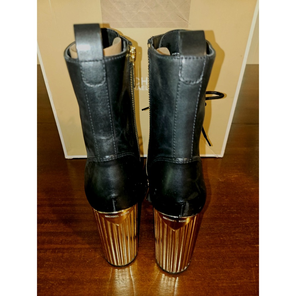NEW MICHAEL KORS BLACK PORTER LEATHER LACE UP ZIP GOLD HEEL BOOTS SZ 8.5 - Picture 4 of 10